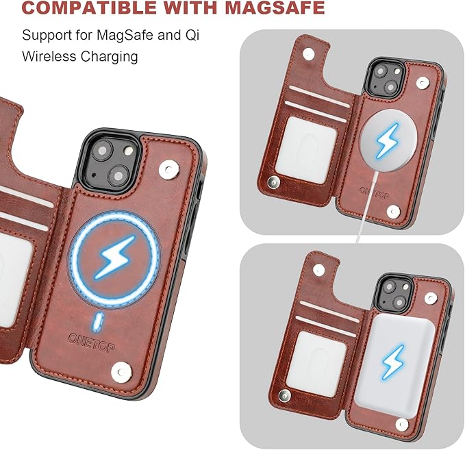 ONETOP Compatible with Magsafe for iPhone 13 Mini Wallet Case with Card Holder, PU Leather Kickstand RFID Blocking Case, Double Magnetic Clasp and Durable Shockproof Cover 5.4 Inch (Brown)