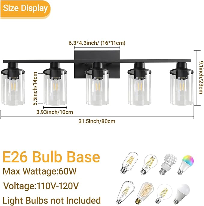 LOUSACE 5-Light Black Bathroom Vanity Light, 31.5" Modern Vanity Lighting Fixture Over Mirror with Clear Glass Shade, E26 Base