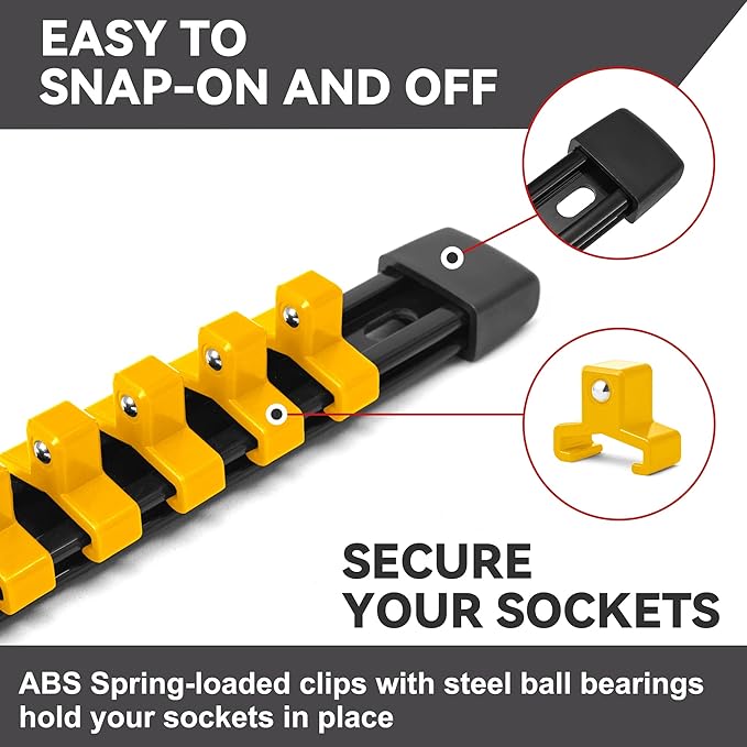 ALOANES 9PC ABS Socket Organizer, Socket Rails Fit 1/2 inch, 3/8 inch and 1/4 inch Drive, Heavy Duty Socket Holders Hold up to 129 Sockets, Black Rails with Yellow Clips