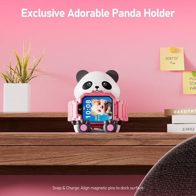 4G Kids Smart Watch, T17 Smartwatch Gifts with Panda Holder, GPS Tracker, Video Calling, SOS, Voice Chat, SMS, School Mode, Puzzle Games, HD Touch Screen for Boys & Girls 3-12（Pink）
