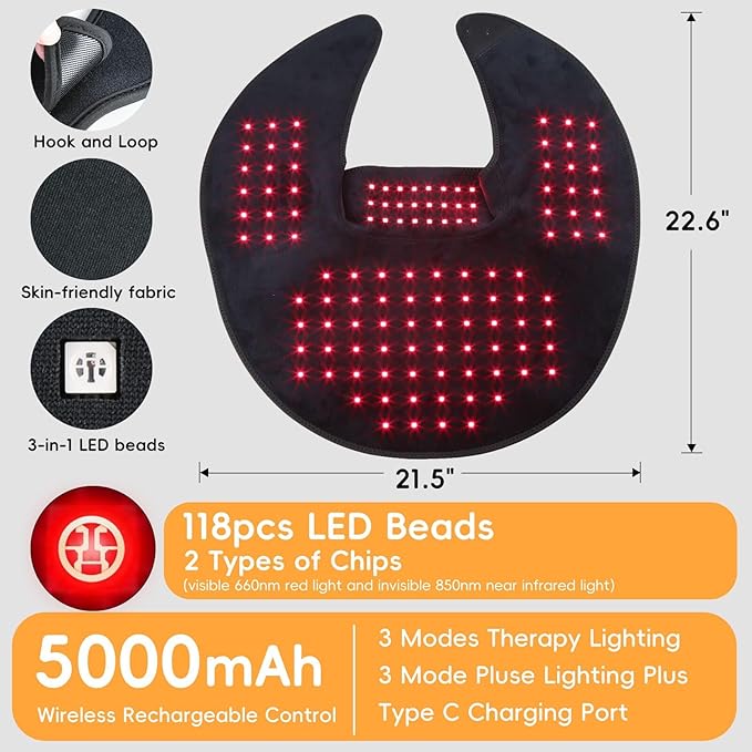Cordless Infrared Red Light Therapy for Neck Shoulders Pain Relief, 5000mAh 850nm Near-Infra Device for Upper Back Body with Timer, 660nm Wearable Heating Pad for Women Men Elderly Relaxation