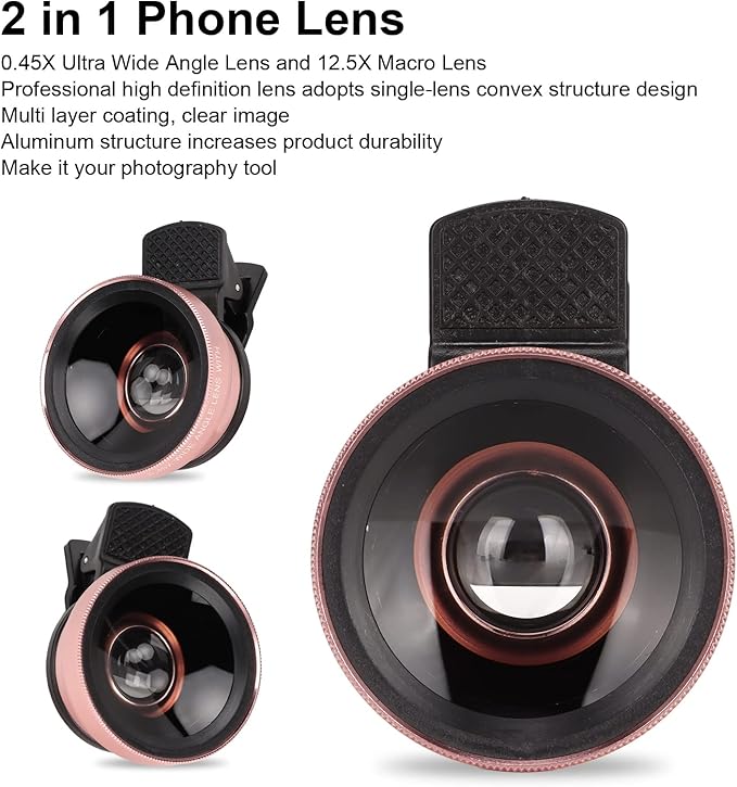 2 in 1 Cell Phone Lens Kit, 0.45X Wide Angle 12.5X Macro Phone Camera Lens, Professional Cell Phone Lens with Clip, Detachable HD Lens with Storage Bag, Compatible with Phones and Tablets(Rose Gold)