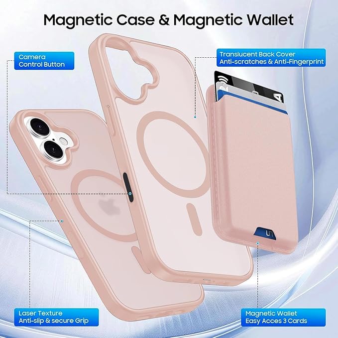 Magnetic for iPhone 16 Case with Detachable Wallet, Compatible with MagSafe, Credit Card Holder with Slim Shockproof Protective Phone Cover, Pink