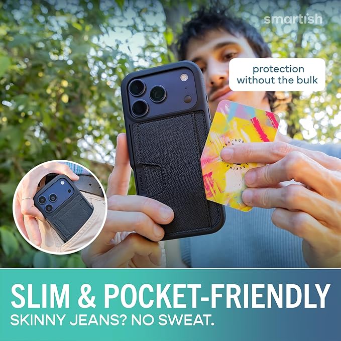 Smartish® iPhone 17 Pro Wallet Case - Wallet Slayer Vol. 2 [Slim + Protective] Credit Card Holder w/Kickstand - Drop Tested Hidden Card Slot Cover for Apple iPhone 17 Pro - Black Tie Affair
