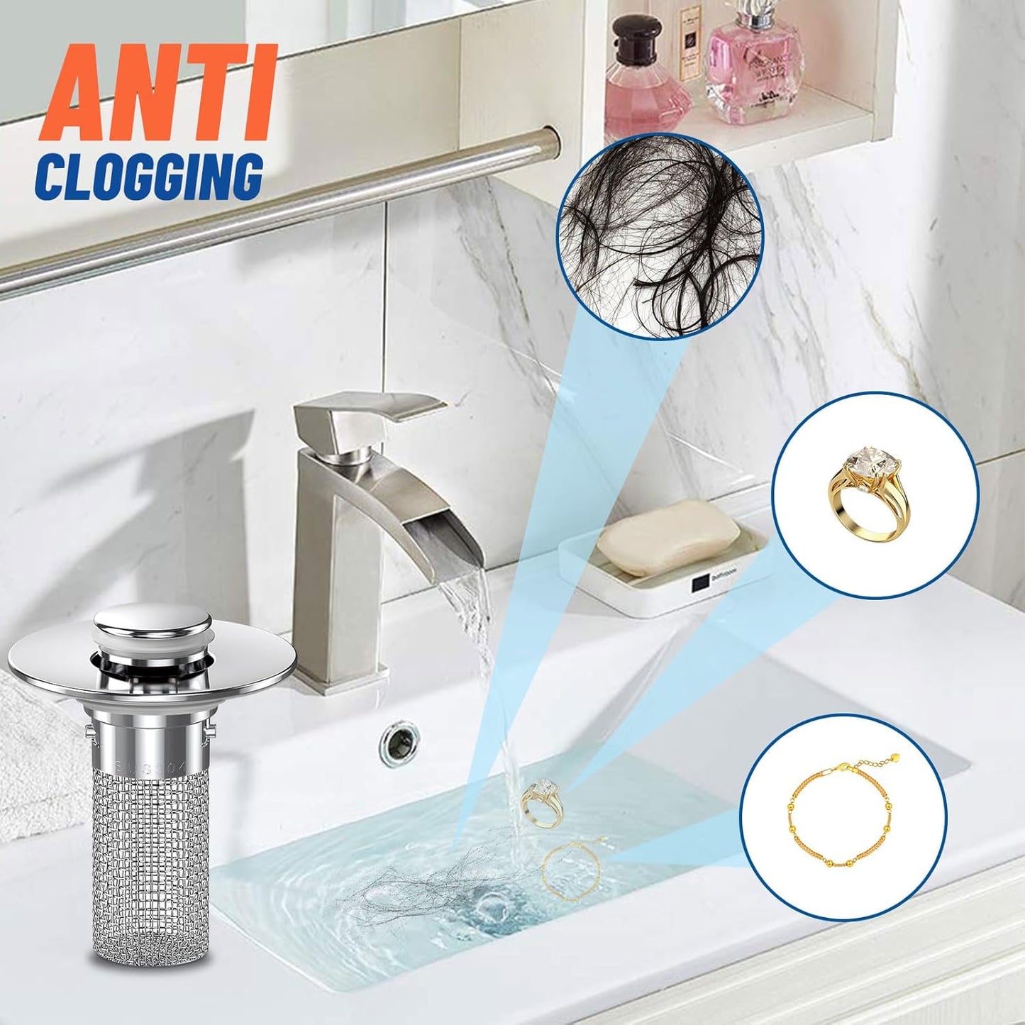 Techloop Living Pop-Up Sink Drain Strainer Hair Catcher – 2PCS Stainless Steel Filter Basket