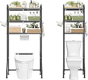Simple Trending Expandable Over The Toilet Storage Rack, Metal 3 Tier Bathroom Organizer Shelf with Paper Holder and 3 Hooks, Black