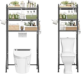 Simple Trending Expandable Over The Toilet Storage Rack, Metal 3 Tier Bathroom Organizer Shelf with Paper Holder and 3 Hooks, Black - Image 1