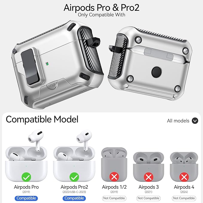 for AirPods Pro 2nd/1st Case (2023/2022/2019) with Phone Stand,（with Automatic Snap Switch） Carbon Fiber Design Protection Cover with Cleaning Pen,Silver