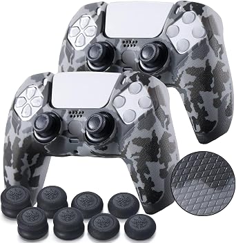YoRHa Grip Texture Silicone Skin for PS5 Controller x 2(Grey Camouflage) with Pro Thumb Grips x 8