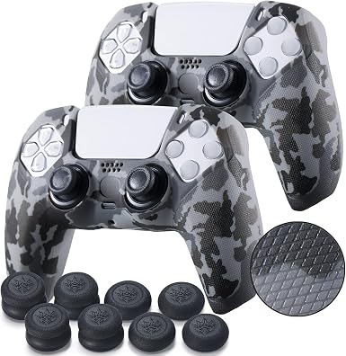 YoRHa Grip Texture Silicone Skin for PS5 Controller x 2(Grey Camouflage) with Pro Thumb Grips x 8