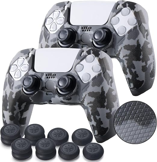 YoRHa Grip Texture Silicone Skin for PS5 Controller x 2(Grey Camouflage) with Pro Thumb Grips x 8