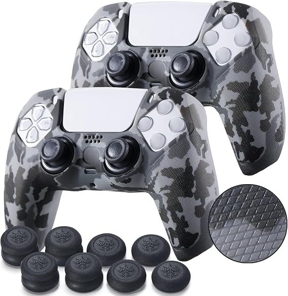 YoRHa Grip Texture Silicone Skin for PS5 Controller x 2(Grey Camouflage) with Pro Thumb Grips x 8
