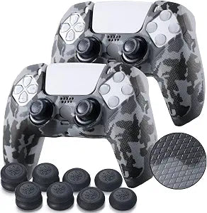 YoRHa Grip Texture Silicone Skin for PS5 Controller x 2(Grey Camouflage) with Pro Thumb Grips x 8