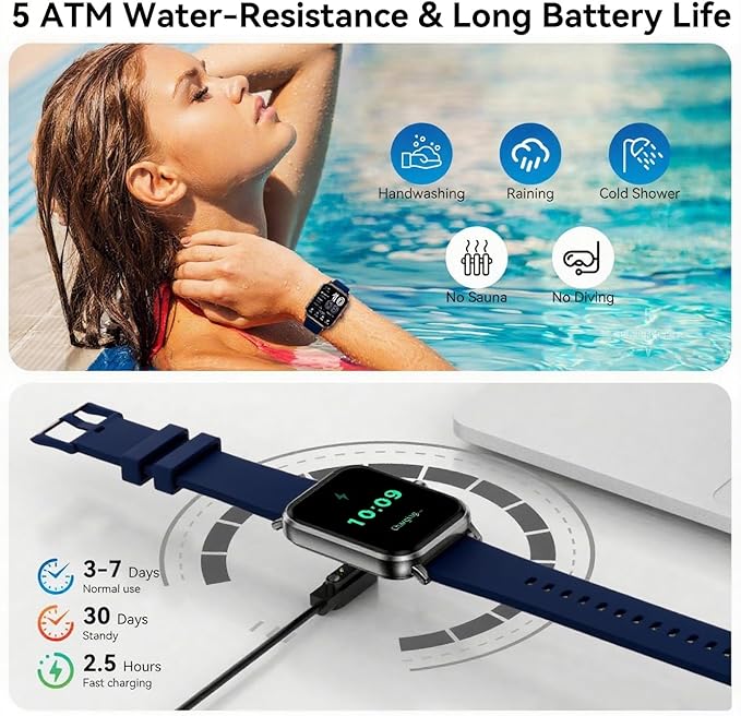 Smart Watch for Men Women Android & iOS, 5 ATM Waterproof Activity Fitness Tracker with Bluetooth 5.3 Calls, 130+ Sports Modes, 1.83" HD Smart Watch with Heart Rate/Sleep Monitor (Blue)