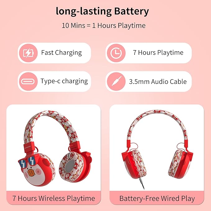 Kids Bluetooth Headphones, 85dB Volume Limit, Ultra-Soft Over-Ear, Built-in Mic, Foldable, Beerus Cartoon Animal Design, Suitable for School & Travel, FM/TF/AUX Supported