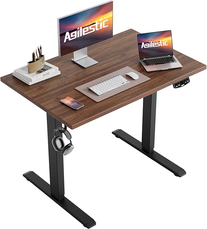 Agilestic Height Adjustable Electric Standing Desk, 48 x 24 Inches Stand Up Desk, Ergonomic Raising Computer Table with Memory Preset Button, Two-Piece Desktop, Dark Walnut