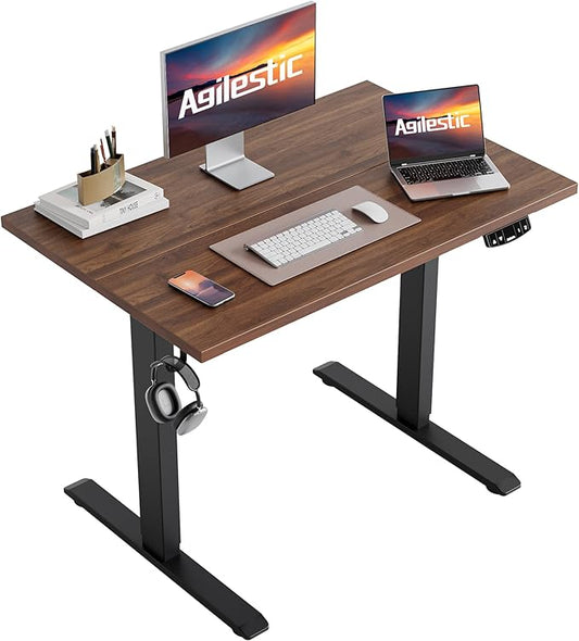Agilestic Height Adjustable Electric Standing Desk, 48 x 24 Inches Stand Up Desk, Ergonomic Raising Computer Table with Memory Preset Button, Two-Piece Desktop, Dark Walnut
