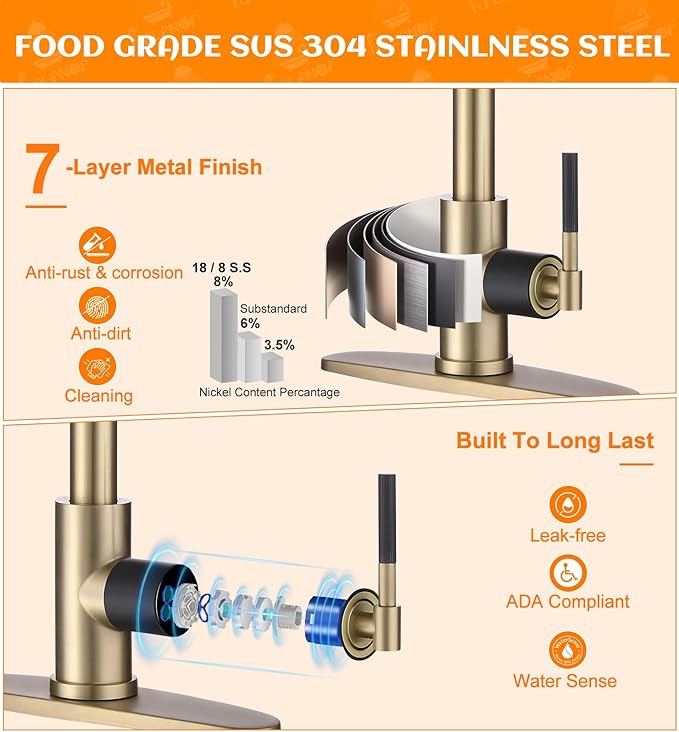 Gold Kitchen Faucet -High Arc Single Handle Stainless Steel Kitchen Sink Faucet with Pull Down Sprayer- 3 Spray Modes，1.5GPM High Flow Modren Sink Faucets for Rv Farmhouse Bar