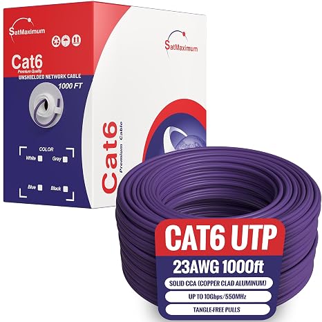 Cables Direct Online CAT6 Cable 1000ft Pull Box Solid Ethernet LAN UTP Cable 23AWG 550Mhz RJ45 Network CCA Copper Clad Aluminum Wire Bulk (Purple)