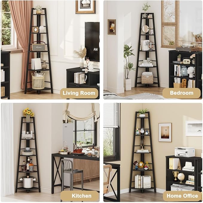 BON AUGURE Corner Ladder Shelf, 5-Tier Black Metal Wood Corner Bookshelf, Narrow Tall Bookcase Shelving Unit for Living Room, Home Office, Small Space (Black Oak)