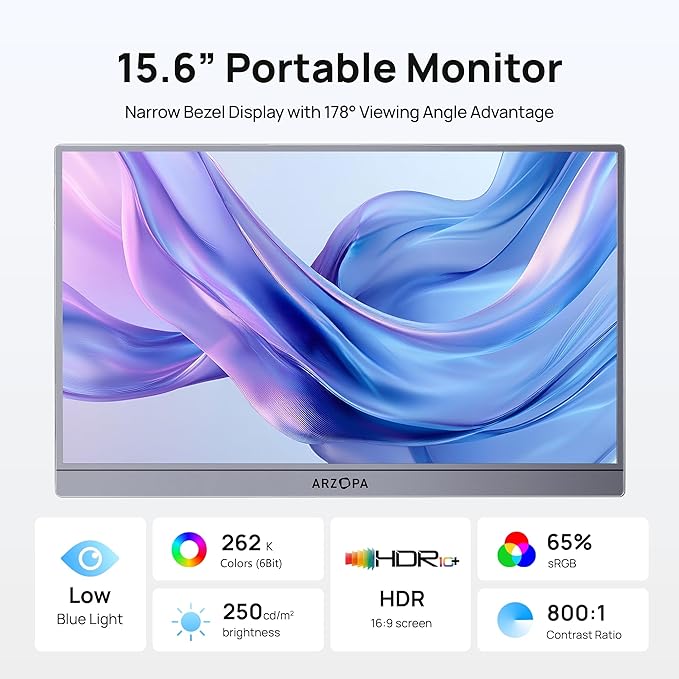 ARZOPA Portable Monitor 15.6'' FHD 1080P - Ultra-Slim Portable Laptop Monitor with Kickstand - IPS Display for PC, MAC, Phone, Xbox, PS5 - USB C & HDMI Connectivity - A1 Gray