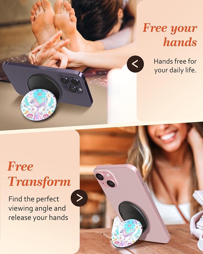 Kidcube Magnetic Phone Grip Compatible with Magsafe - Cell Phone Grip Stand Magnetic Ring Holder Finger Kickstand for iPhone 17 16 15 14 13 12 Series Magnet Removable Accessories Cute Girly Fish Tail