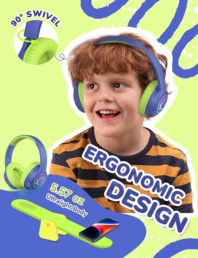iClever Kids Bluetooth Headphones with LED Lights, BTH18 Safe Volume 74/85 dBA, 43H Playtime, Bluetooth5.3 Kids Headphones Wireless Aux Cord for iPad/Tablet/Travel/School, Green/Blue