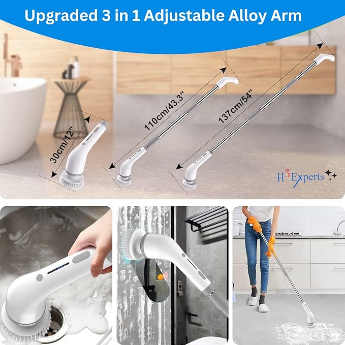 Electric Spin Scrubber 8-in-1 with MOP Clip - Adjustable Extension Arm & 8 Replaceable Brushes - Cordless Cleaning Power Shower Grout Scrubber for Kitchen, Bathroom, Tub, Tile, Floor