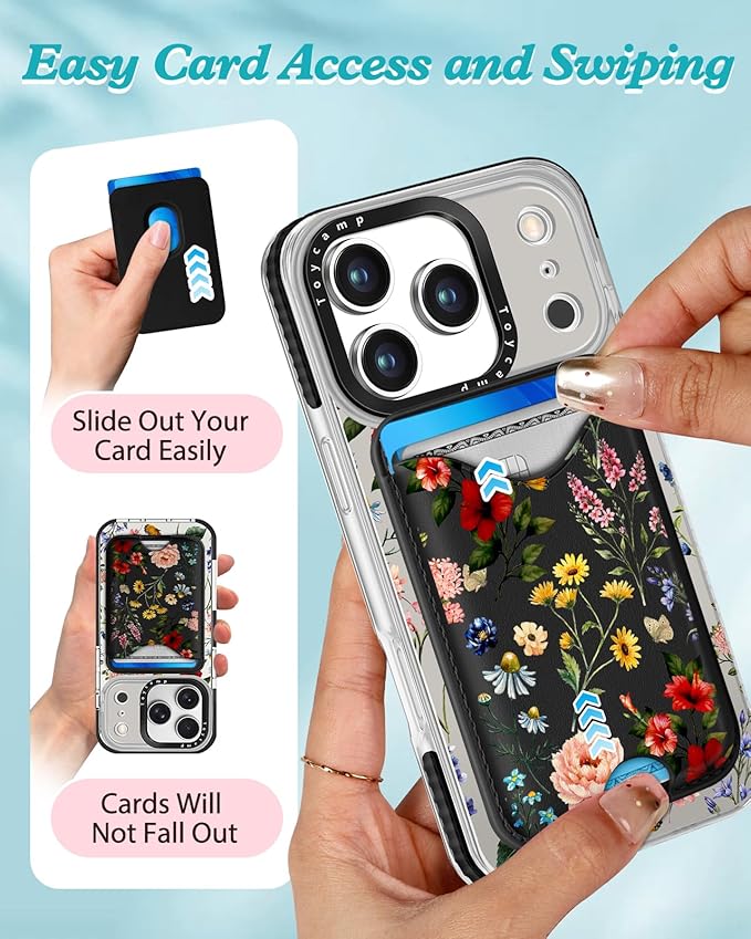 Toycamp for iPhone 17 Pro Max Case - Compatible with Magsafe Credit Card Holder Wallet Magnetic Cute Women Teen Girls Kawaii Girly Unique Flower Floral Design Phone Cover for Apple 17 Promax