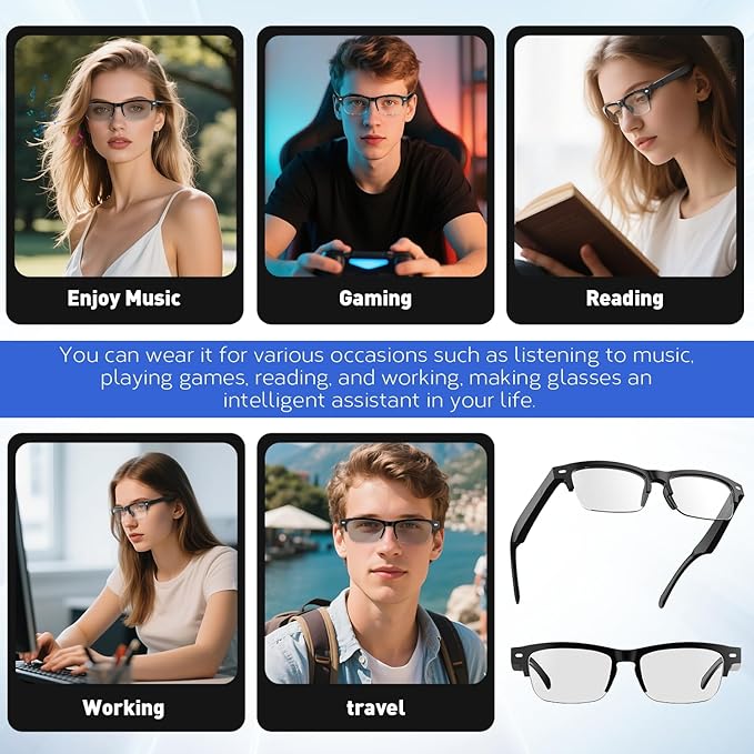 Smart Glasses, Bluetooth Blue light Glasses with Half Frame Design, Color-Change Lenses, Open-Ear Speakers, Intelligent Control, Wearable Tech Bluetooth Glasses for iPhone Android Music/Calls
