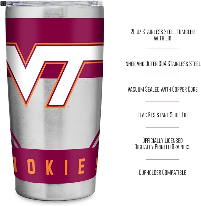 Rico Industries NCAA 20oz Stainless Steel Tumbler with Lid - Great For Coffee, Tea, Water or Cocktails