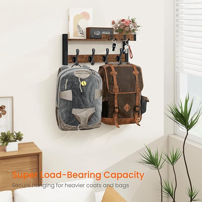 Homode Wall Mounted Coat Rack, Wood Floating Shelf with Key Holder and Mail Organizer, Entryway Wall Shelf with Hooks, Coat Hanger for Hanging Hat Towel Clothes Purse Backpack, Rustic Brown