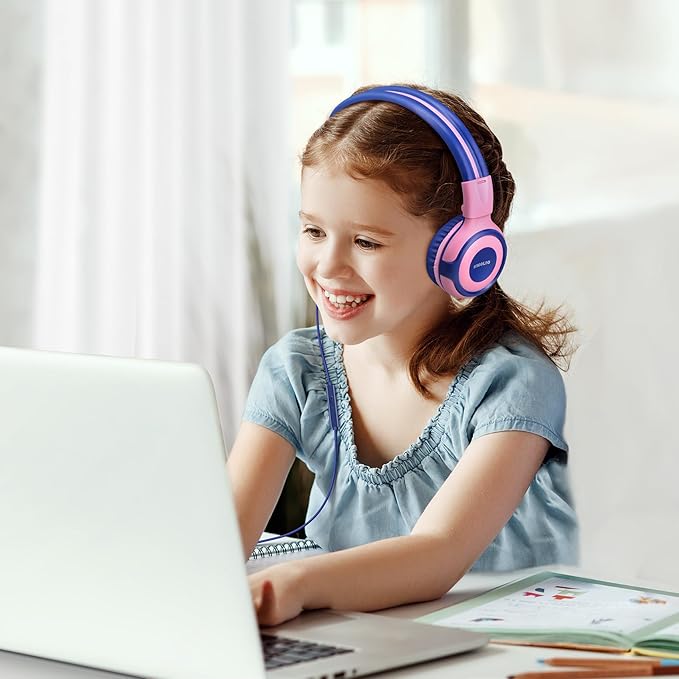 SIMOLIO 2 Pack Headphones for Kids with Share Port & Mic, 75dB/85dB/94dB Safe Volume Limit, Wired School Headphones for Girls Boys Children Tablet Laptop Travel (Mint,Pink)