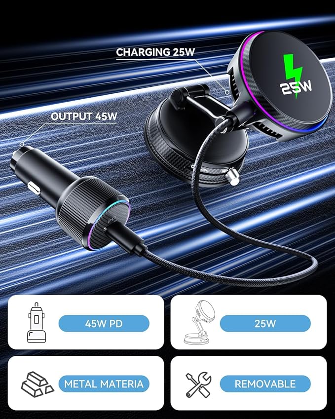 CloudValley 25W Wireless Car Charger Mount with RGB Light, Magnetic Car Phone Holder with Cooling Fan & 45W Adapter, 360° Rotating Vacuum Suction Mount, Design for MagSafe iPhone 17/16/15/14/13