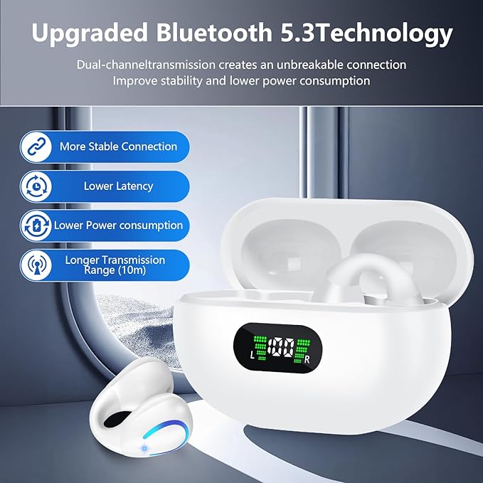 Open Ear Bone Conduction Headphones Bluetooth 5.3 Wireless Open Clip Ear Earbuds Built-in Mic with Ear Hooks 60 Hours Playtime Sport Earphones IPX7 Waterproof for Fitness Running Walking White