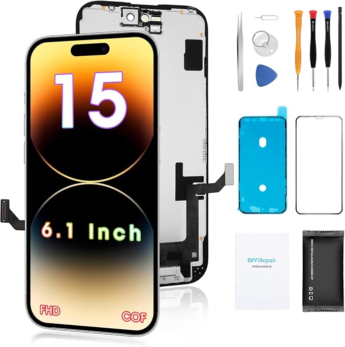for iPhone 15 Screen Replacement 6.1', 3D Touch Display Full Repair kit, Digitizer Glass Assembly with Tools Set, Tempered Glass, Instruction
