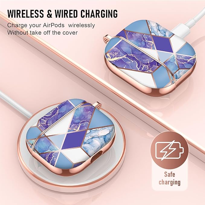 Maxjoy Graceful Marble Hard Protective Shockproof AirPods 3 Case Cover with Keychain, Compatible with Apple AirPods 3rd Generation Charging Case, Blue White
