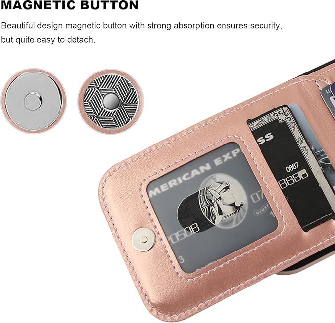 KIHUWEY Compatible with iPhone 17 Case Wallet with Credit Card Holder, Flip Premium Leather Magnetic Clasp Kickstand Heavy Duty Protective Cover for iPhone 17 6.3 Inch (Rose Gold)