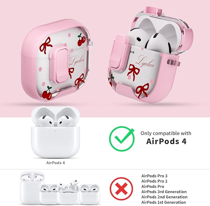 for AirPods 4 Case with Secure Lock Clip in Phone Stand,Floral Girly Style Protective Cover with Cleaning Kit and Hand Strap for Apple AirPod 4 Generation (Pink Bow)