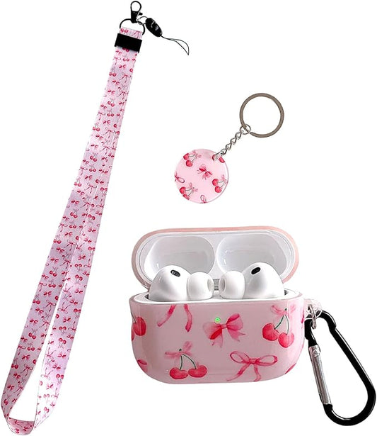 Cute Pink Ribbon Bow Cherry Design Air Pod Pro 3 Generation Case（2025） with Bow Cherry Lanyard Keychain，Unique IMD Process TPU Soft Pro 3 Case