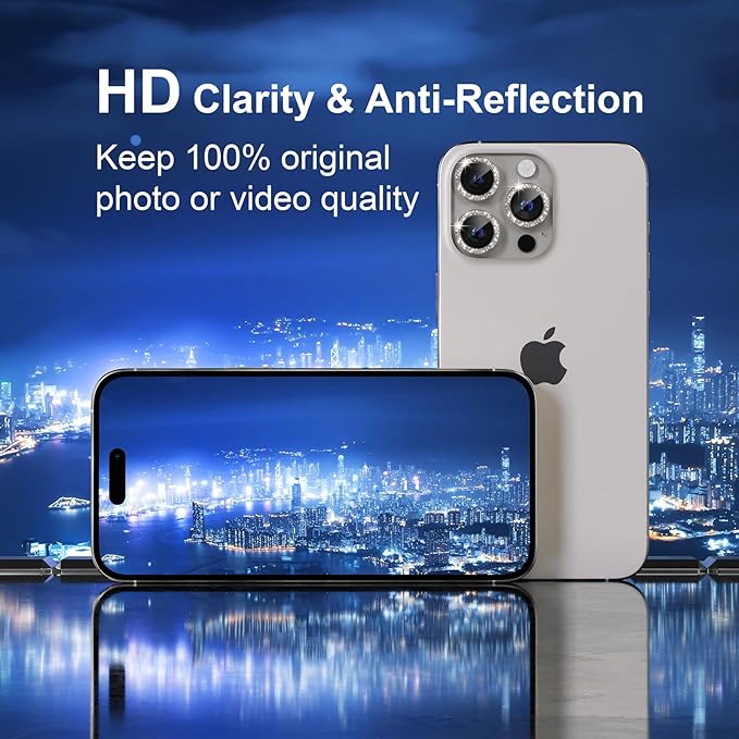 Misea Compatible for iPhone 16 Pro/iPhone 16 Pro Max Camera Lens Protector Bling, 9H Tempered Glass Camera Cover Screen Protector Metal Individual Ring Protector Decoration, Natural Titanium Glitter