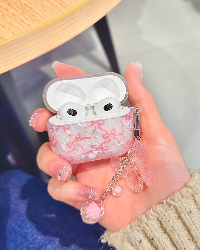 Compatible with AirPods 3rd Generation Case Cute, Shell Pattern Shockproof Protective Cover for Girls Women with Butterfly Keychain Designed for AirPod 3rd Gen 2021, Pink Bow