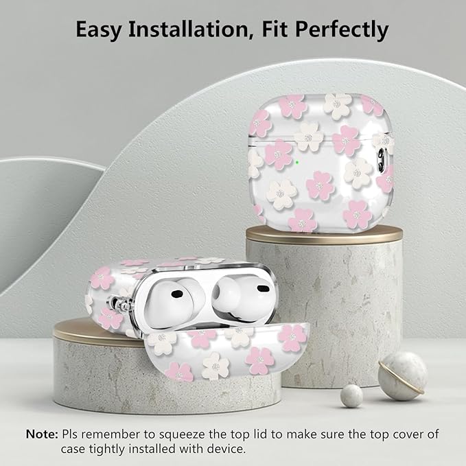 for Airpods Pro 3 Case Clear,Cute Pink Floral Design for Airpods Pro 3 Case Cover,Shockproof Soft TPU Skin Accessories with Girly Flower Keychain&Cleaning Pen for Women Girls-Crystal