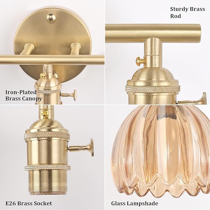 Bathroom Light Fixtures, 3-Light Brass Vanity Wall Light Over Mirror with Amber Tulip Glass Shade for Bedroom Living Room (Bulb Not Included)