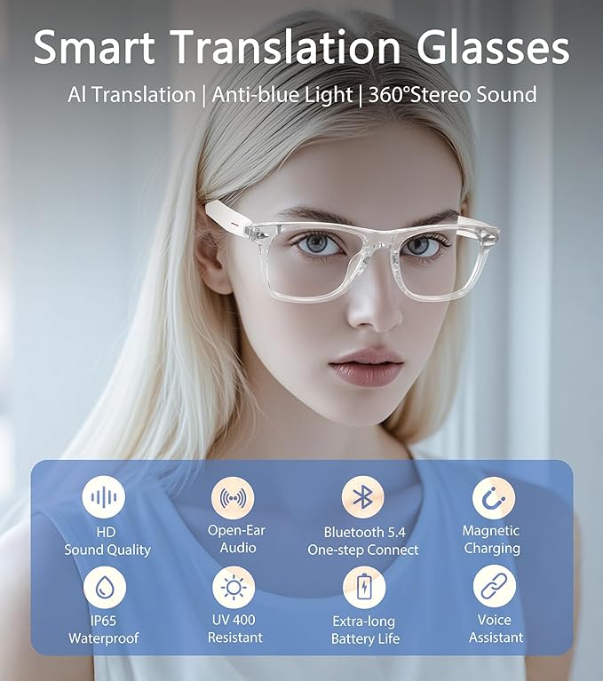 AI Smart Glasses, Multifunctional Bluetooth Glasses for Men & Women, 116 Languages & Accents Translator Device, Blue Light Filter & Polarized UV Protection Lenses Translation Glasses, White