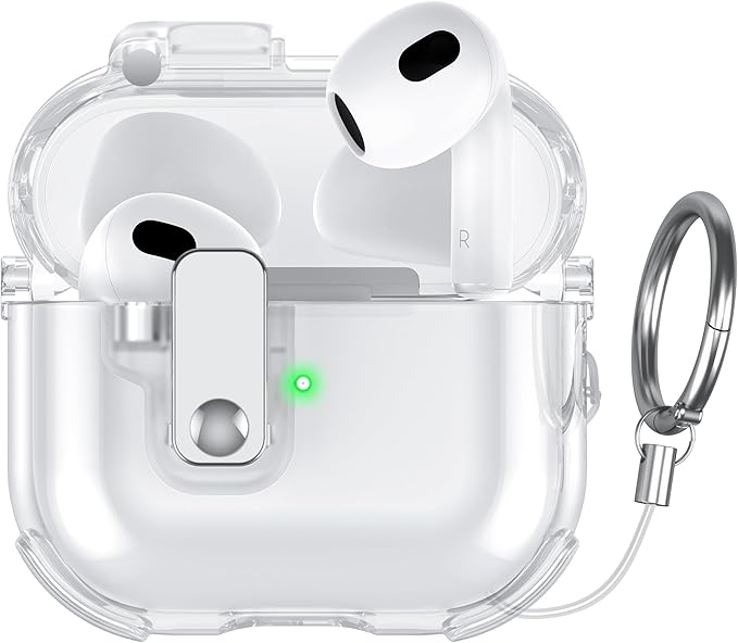 Clear Case for AirPods 3 Case Cover with [Lock Safety & Pop Up][Military Shockproof] Anti-Yellow Transparent Soft TPU Wireless Charging for AirPods 3 Generation Case with Keychain,Clear