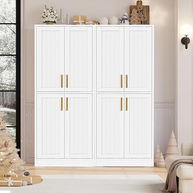Kitchen Pantry Cabinet, Tall Storage Cabinet with Adjustable Shelves and 4 Doors, Farmhouse Freestanding Cupboard Hutch for Dining Room Living Room, Laundry, White