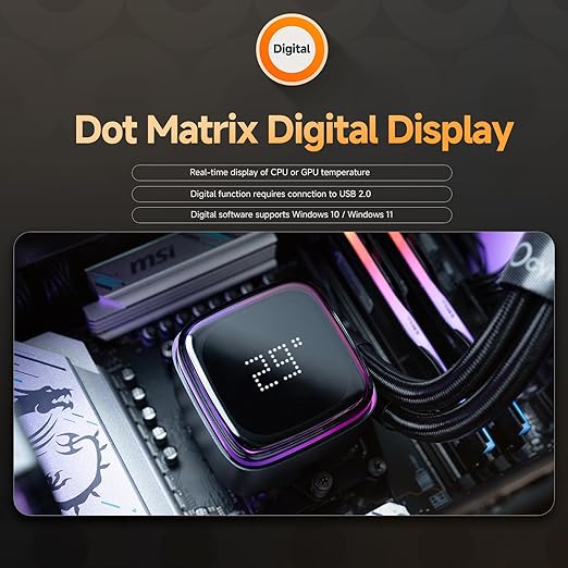 Iota L24 Aio Cooler with Digital Display,240MM AIO CPU Water Cooler with Efficient Cooling Pump,ARGB Lighting Control,120MM PWM Fans Up to 2000 RPM,Suitable for AMD & Intel LGA (Black)