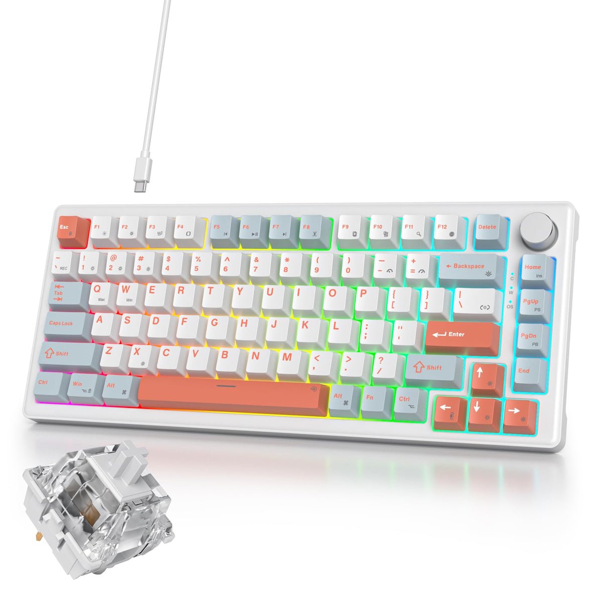 75% White Blue Creamy Mechanical Keyboard Wired, Creamy Sound Gasket Gaming Thocky Keyboard with Knob, Hot Swappable RGB Custom Keyboard, Pre-lubed Cream Switch Keyboard (82 Light Blue)