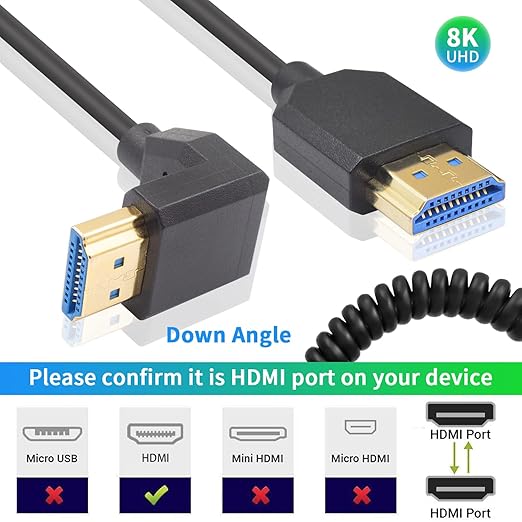 Duttek 90 Degree HDMI Coiled Cable 8K, Extreme Thin Down Angled HDMI Male to Male Coiled Cable, Short HDMI Cable High Speed 48Gbps Support 8K@60Hz 4K@120 for TV/Xbox /PS4 /PS5 4FT/1.2M